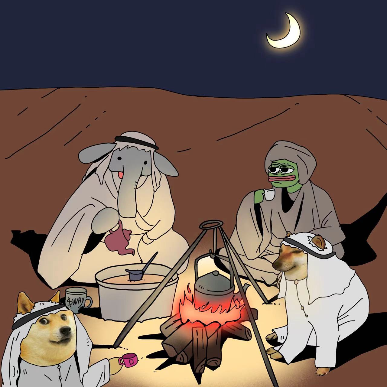 Elephant, Pepe, and Doge by a desert campfire