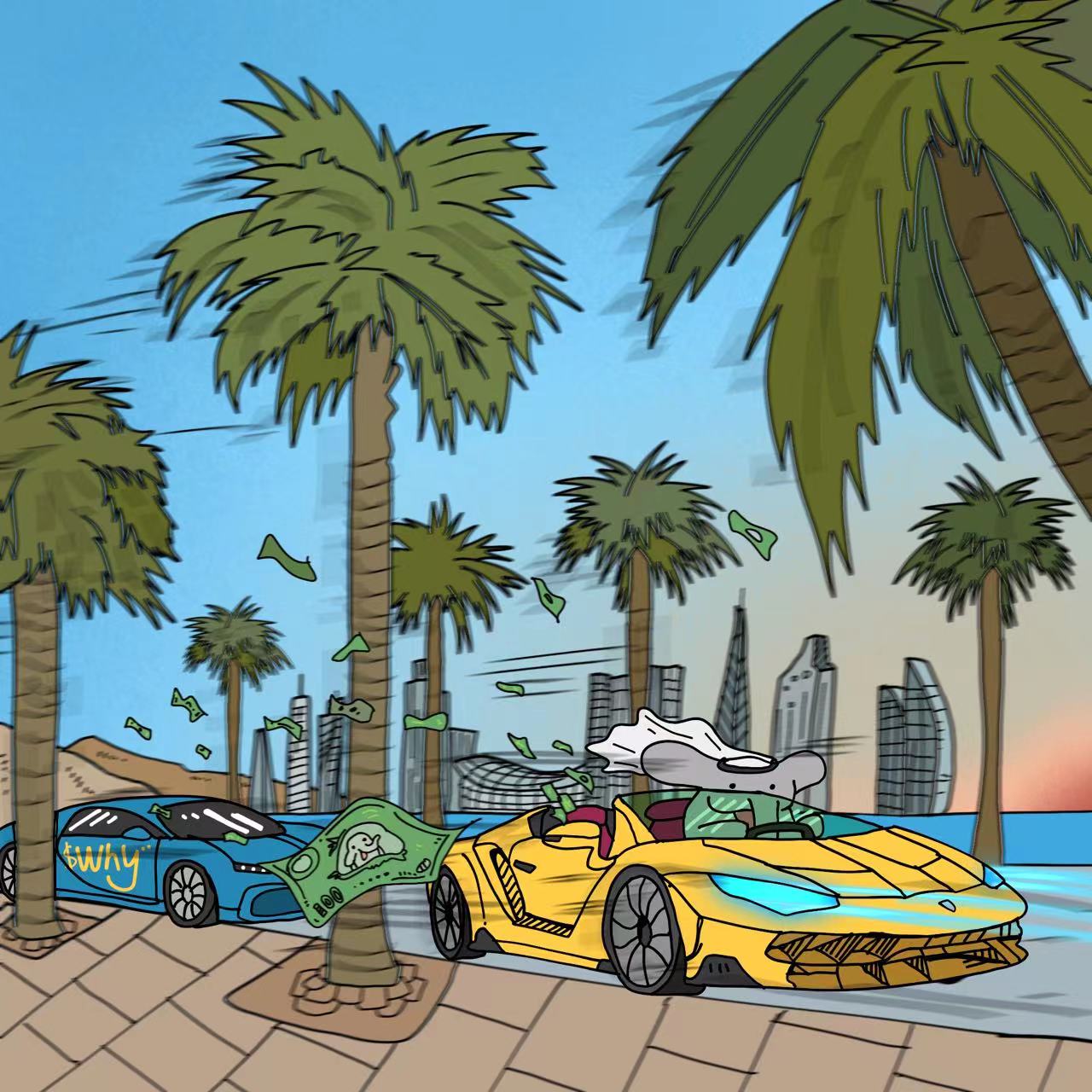 Elephant driving a sports car and throwing money