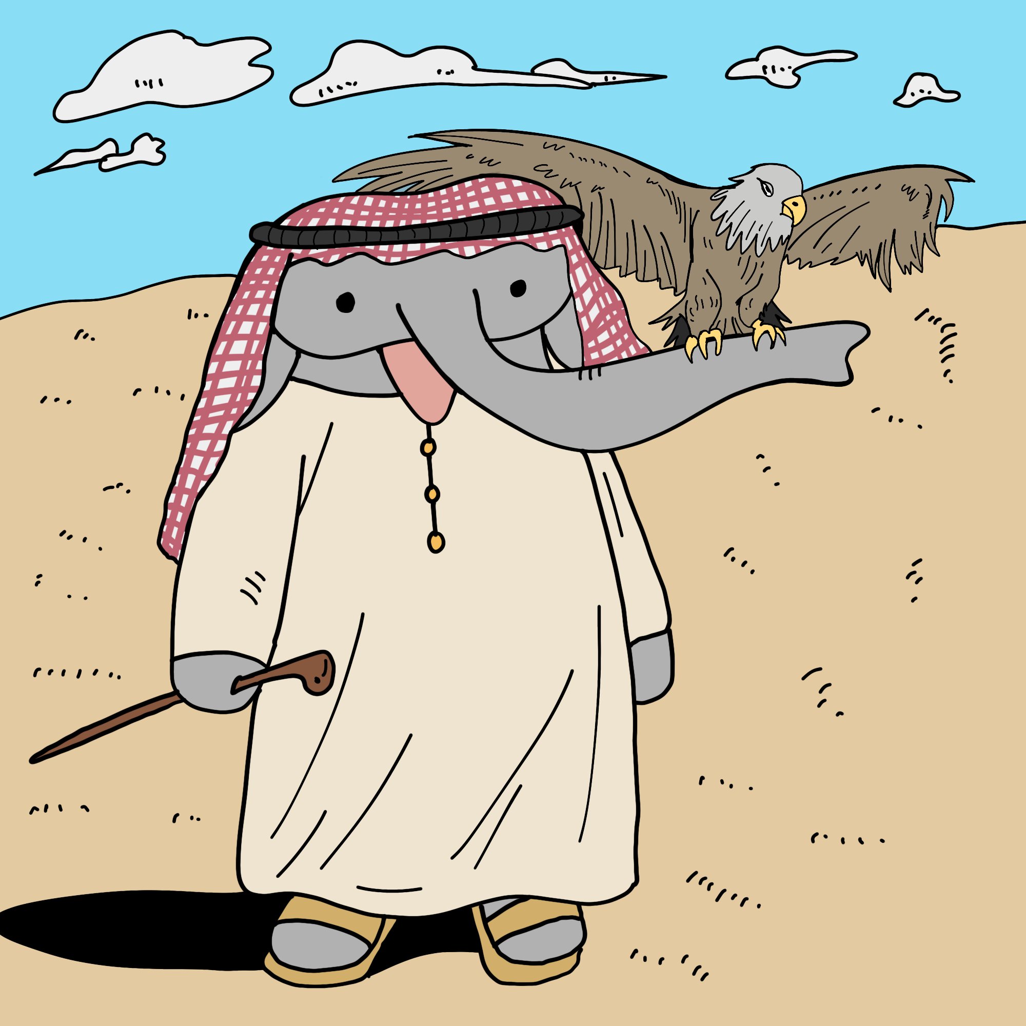 Elephant with an eagle in the desert