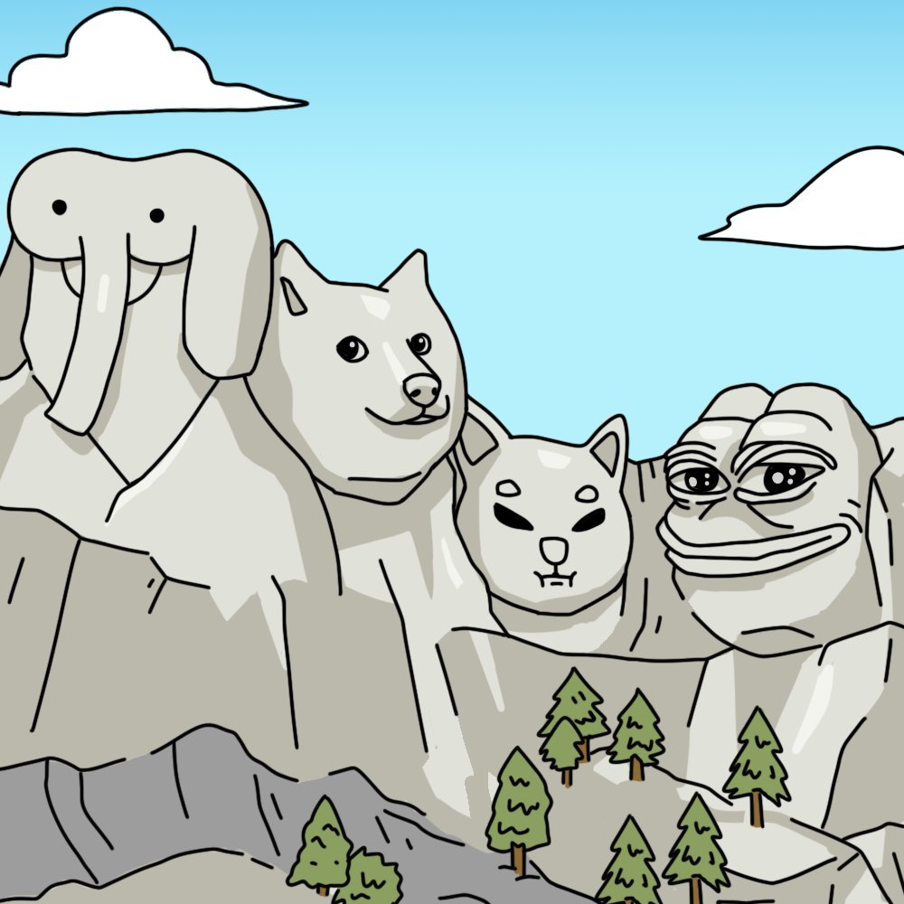 Elephant, Doge, Shiba, and Pepe on Mount Rushmore