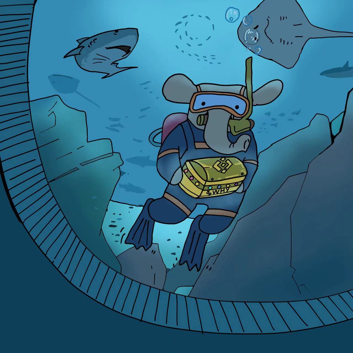 Elephant scuba diving with a WHY treasure chest